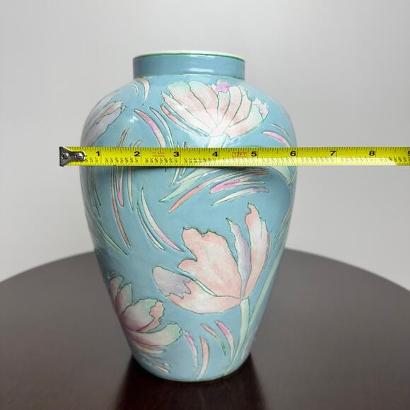 J837 - Light Blue Porcelain Vase With pink Flowers - 10in Tall - Picture 8 of 11